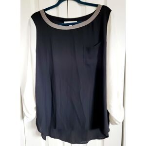 Ann Taylor Loft L Colorblock Pullover‎ Roll Tab Sleeve Blouse Tan Black Eggshell